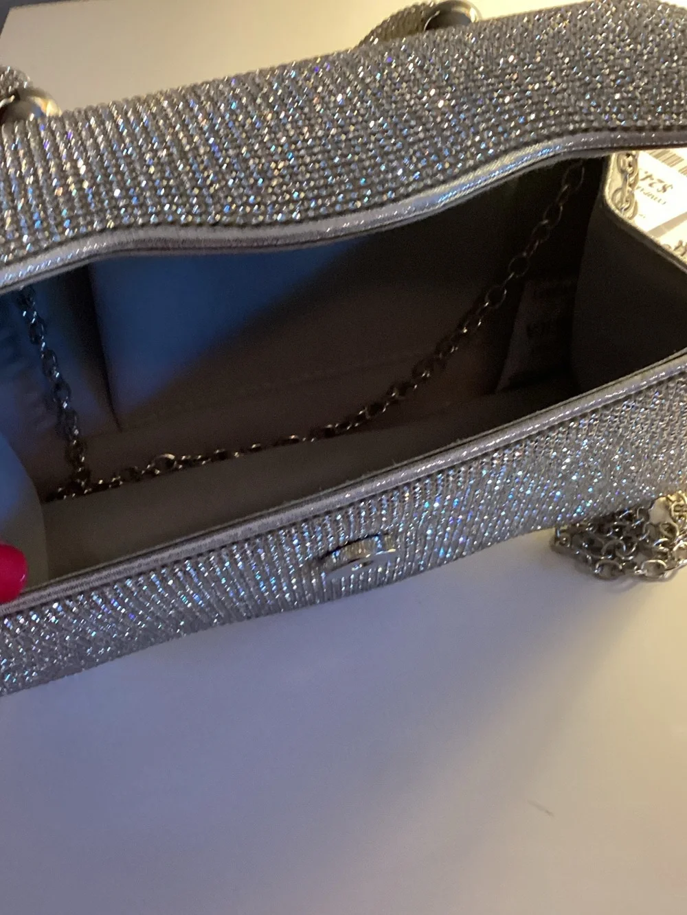 Silver Crystal Scallop-Edge Evening Clutch with Top Handle